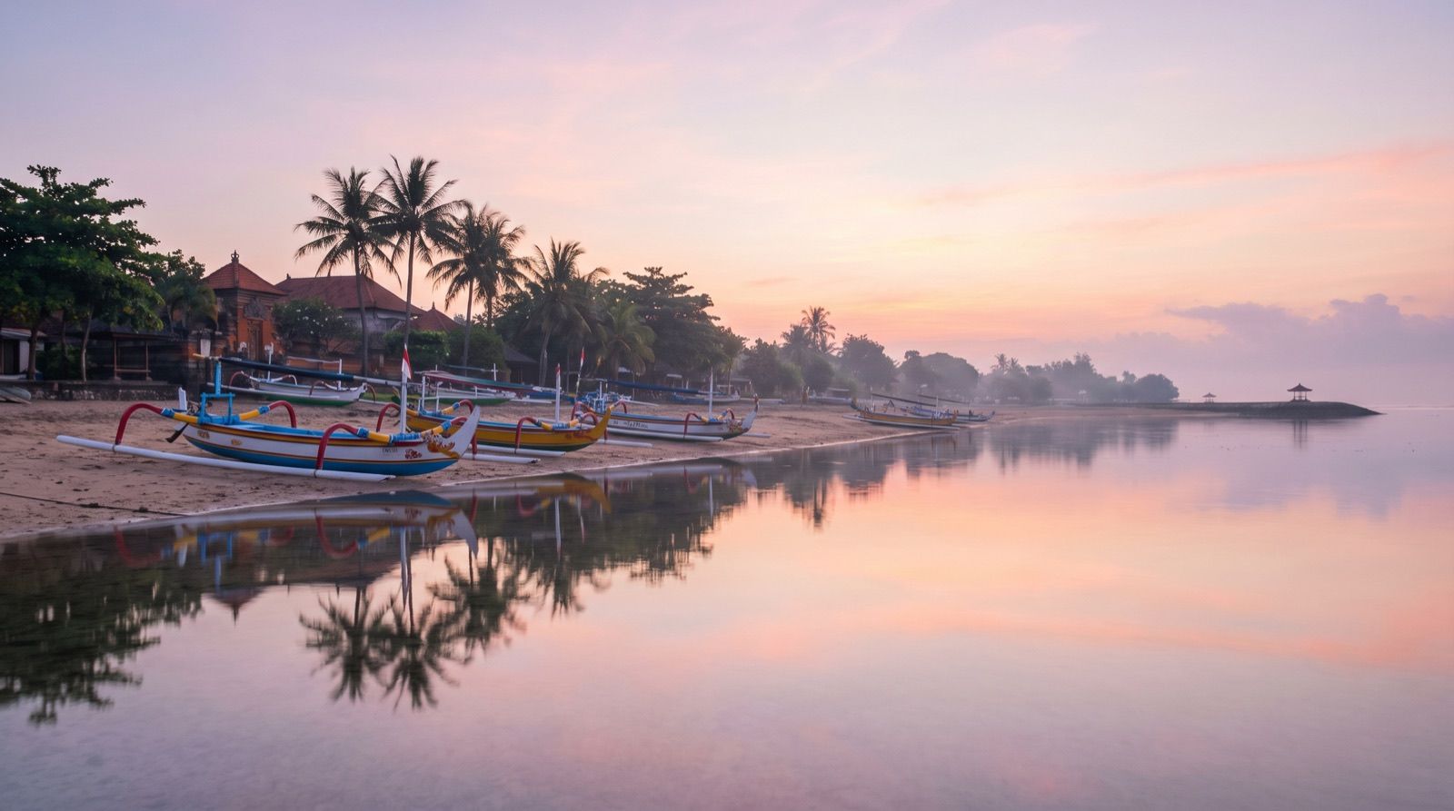 Traditional jukung boats on a calm lagoon at sunrise in Sanur, Bali