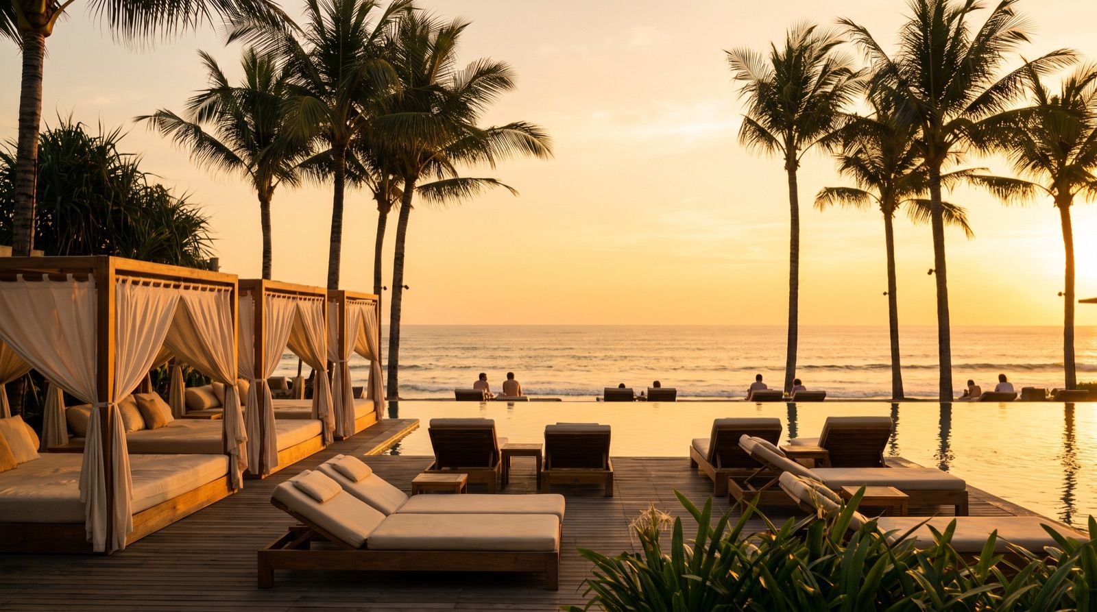 Chic beachfront in Seminyak, Bali at sunset with palm trees and daybeds