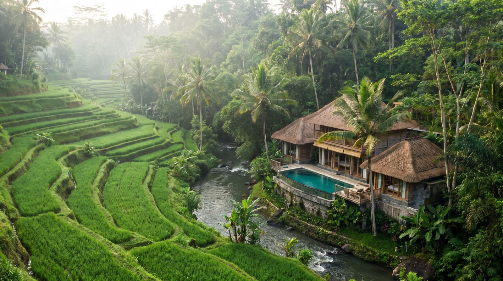Lush green rice terraces and jungle around Ubud, Bali
