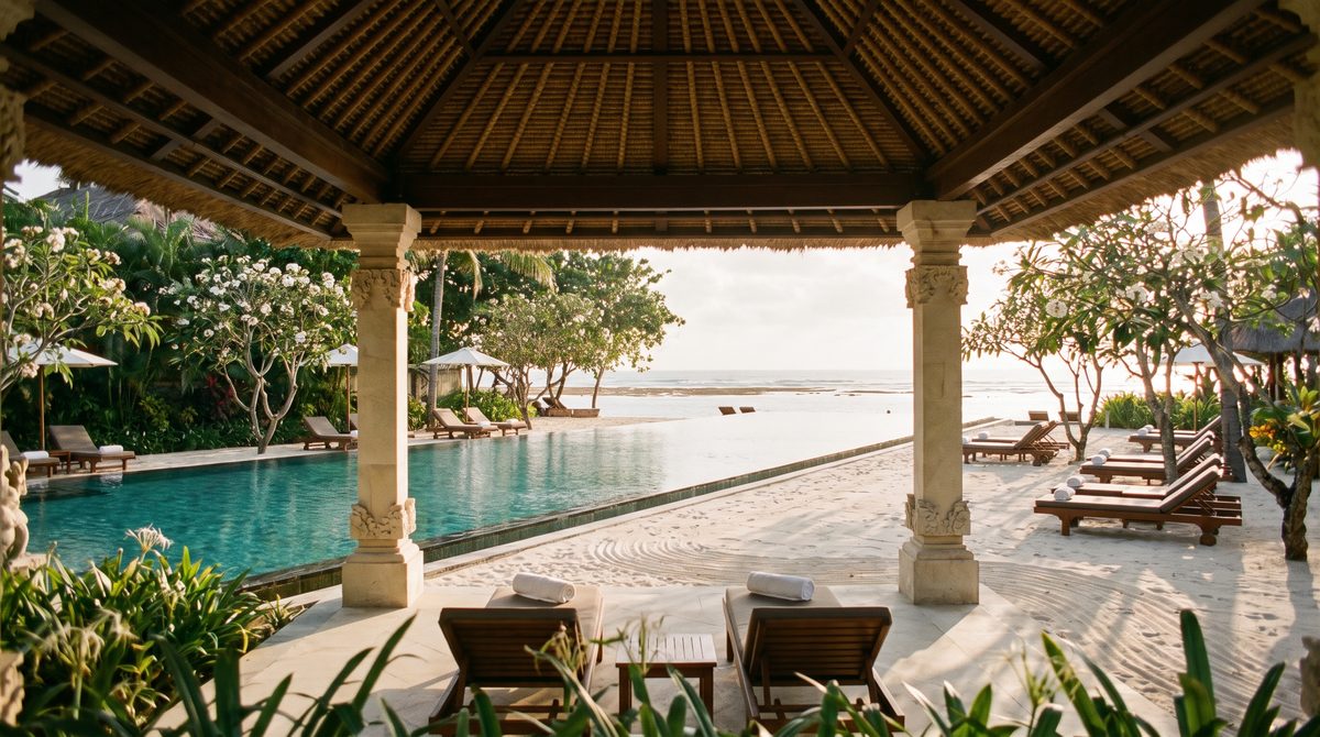 Manicured Nusa Dua style Bali beach resort at golden hour, with a thatched alang-alang pavilion, infinity pool and raked white sand leading to a calm turquoise reef beach