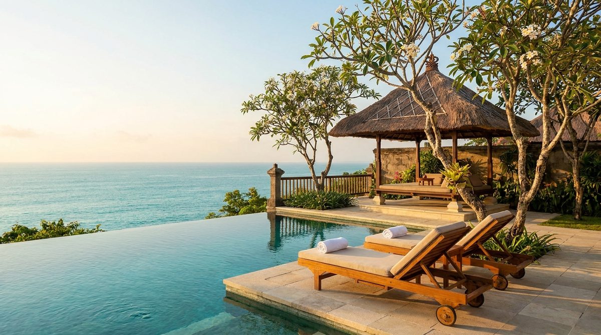 Romantic clifftop Bali resort with a private infinity pool overlooking the turquoise ocean at golden hour, two sun loungers side by side